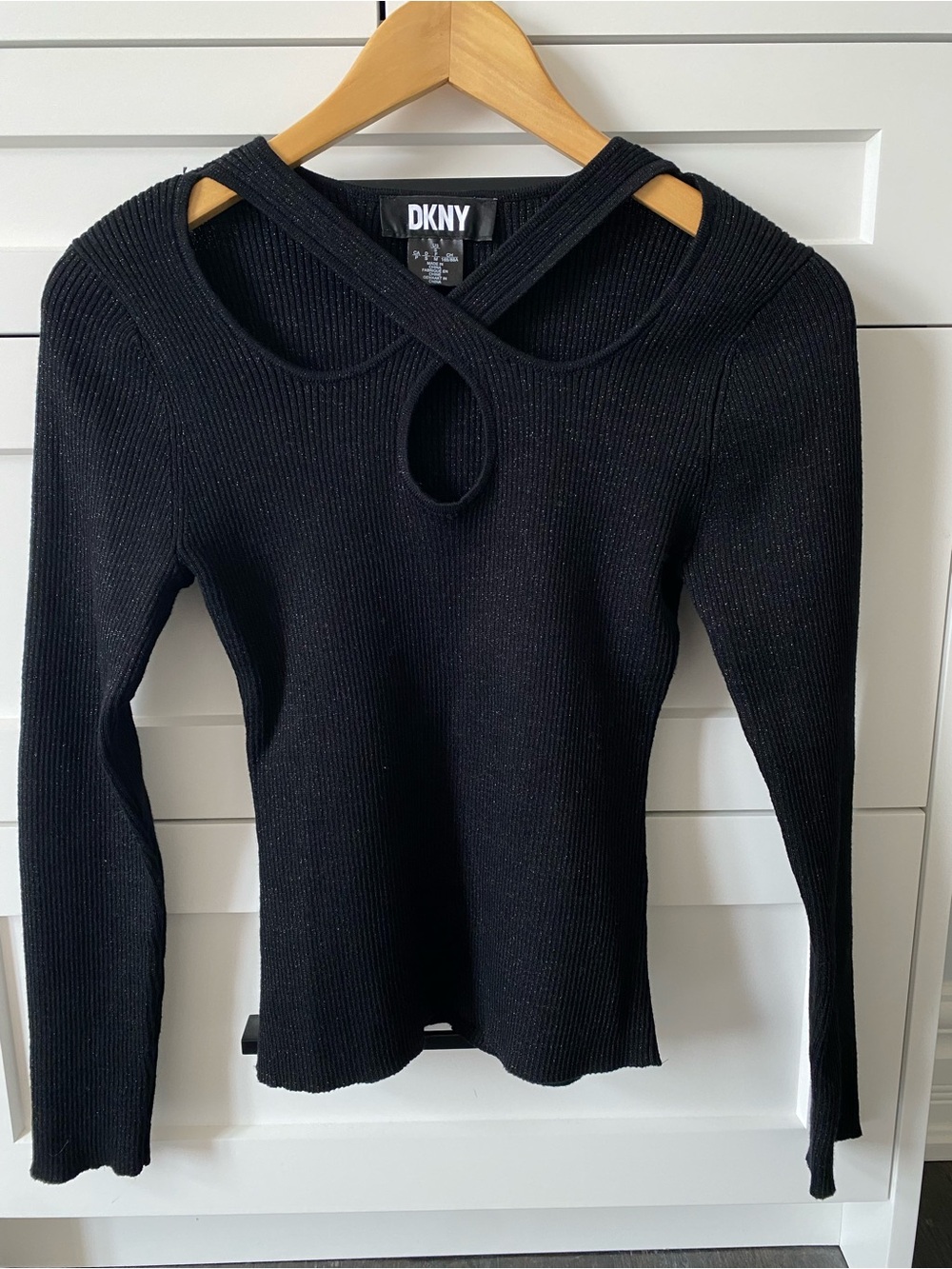 DKNY Black Ribbed Crossover Keyhole Knit Top